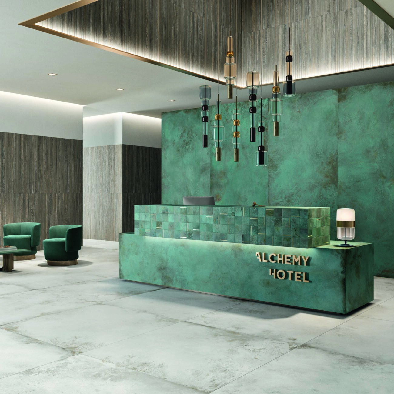 Moderner Empfangsbereich mit grüner Caesar Alchemy Mint Keramikverkleidung, stilvollen Hängelampen und gemütlicher Sitzecke