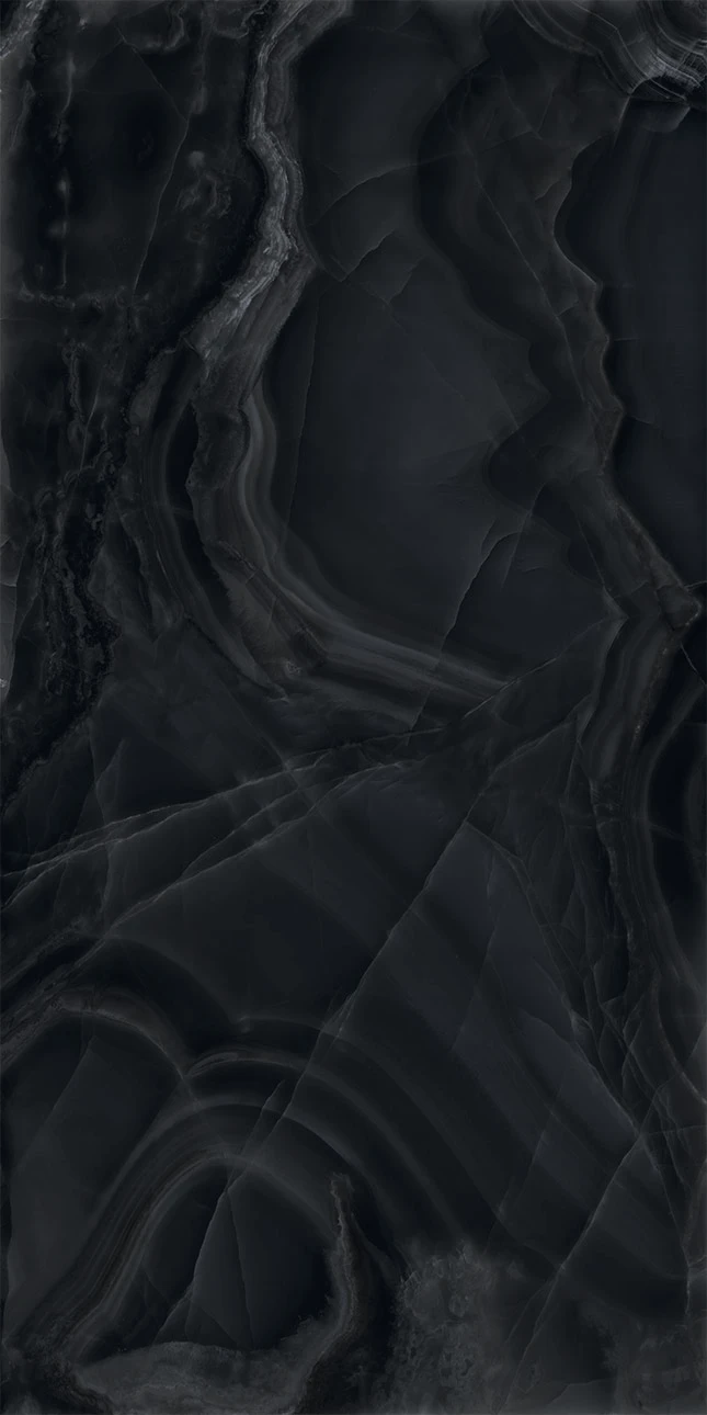 Terza Dimensione Onyx Black Marmoroptik Keramikplatte fuer Bad und Wohnraum